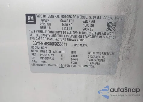 2013 Cadillac Srx Performance Collection z USA, uszkodzony, nr VIN 3GYFNHE30DS655541